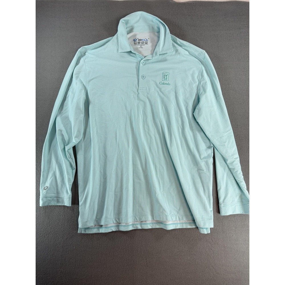 IBKUL Polo Shirt Mens XL Blue Gingham Long Sleeve TPC Colorado Golf UPF 50+